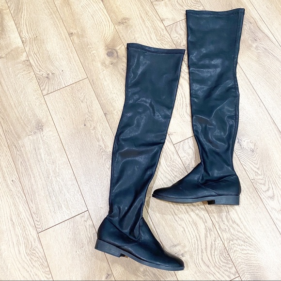 black thigh high flat boots faux leather